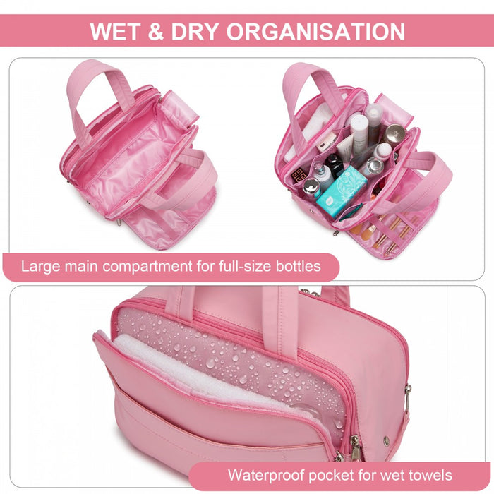 Travel Quilted Toiletry Bag – Water-Resistant, Wet/Dry Pocket, Large 180° Opening – Pink