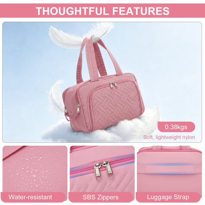 Travel Quilted Toiletry Bag – Water-Resistant, Wet/Dry Pocket, Large 180° Opening – Pink
