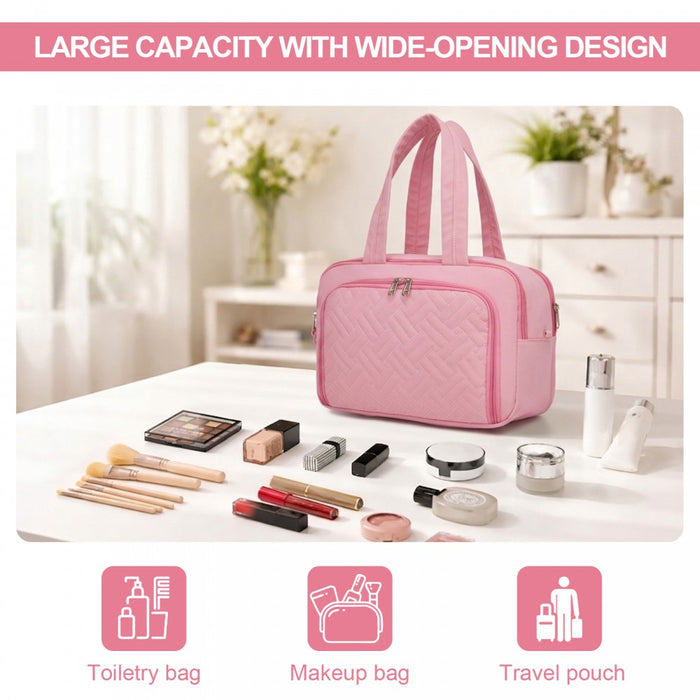 Travel Quilted Toiletry Bag – Water-Resistant, Wet/Dry Pocket, Large 180° Opening – Pink