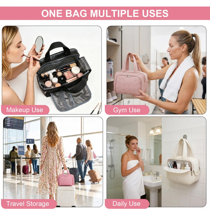 Travel Quilted Toiletry Bag – Water-Resistant, Wet/Dry Pocket, Large 180° Opening – Pink