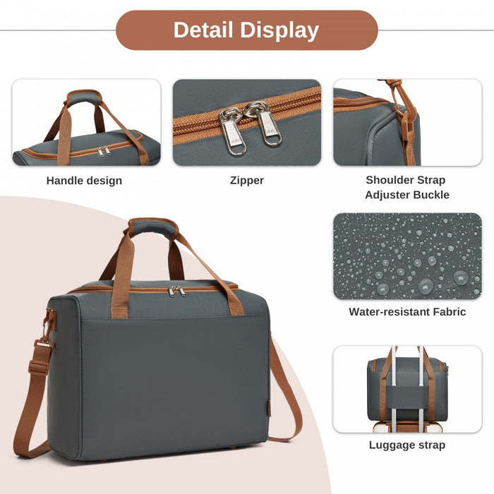 Compact and Lightweight Personal-Item Travel Bag – U-Zip Wide Opening and Trolley Sleeve – Grey and Brown