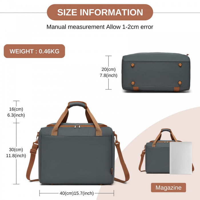 Compact and Lightweight Personal-Item Travel Bag – U-Zip Wide Opening and Trolley Sleeve – Grey and Brown