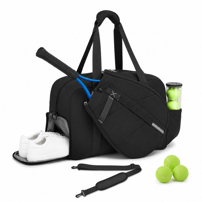 Modular Tennis Travel Bag Set, Water Repellent Nylon Gym Bag with Detachable Racket Sleeve – 25 L – Black