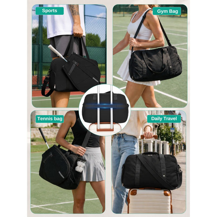 Modular Tennis Travel Bag Set, Water Repellent Nylon Gym Bag with Detachable Racket Sleeve – 25 L – Black