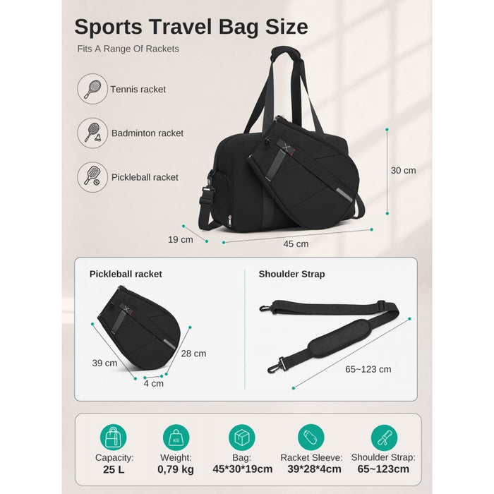 Modular Tennis Travel Bag Set, Water Repellent Nylon Gym Bag with Detachable Racket Sleeve – 25 L – Black
