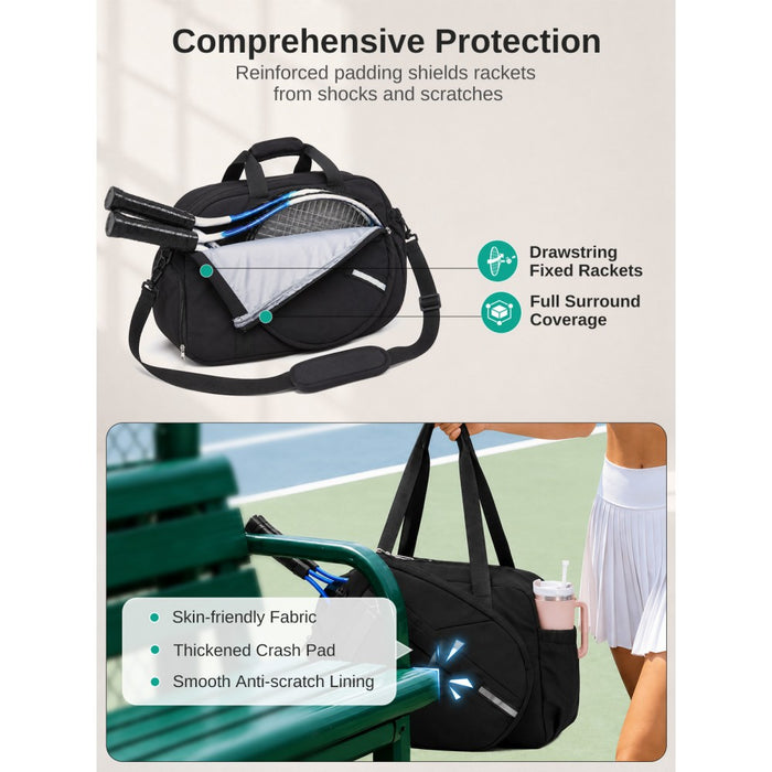 Modular Tennis Travel Bag Set, Water Repellent Nylon Gym Bag with Detachable Racket Sleeve – 25 L – Black