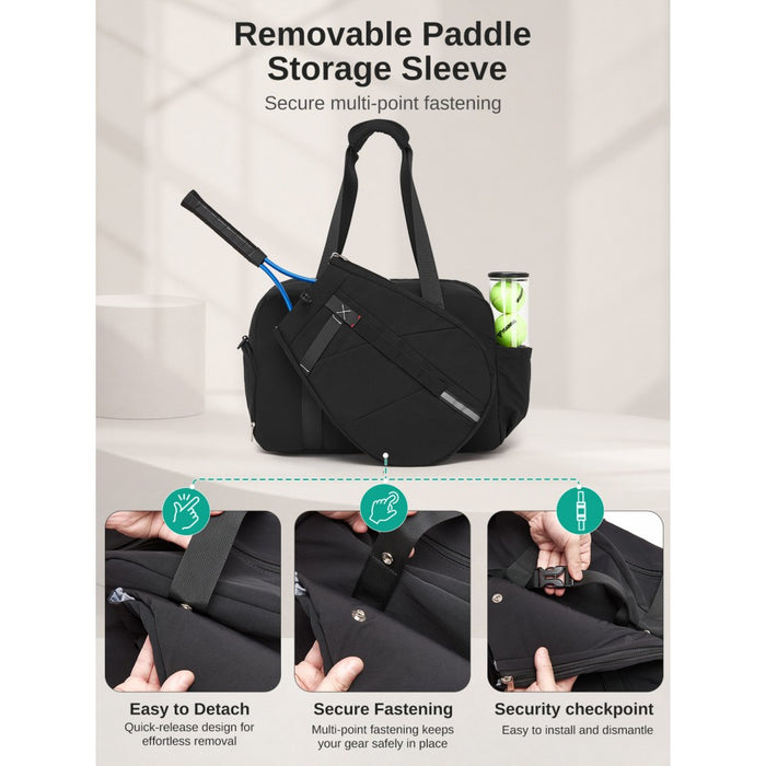 Modular Tennis Travel Bag Set, Water Repellent Nylon Gym Bag with Detachable Racket Sleeve – 25 L – Black