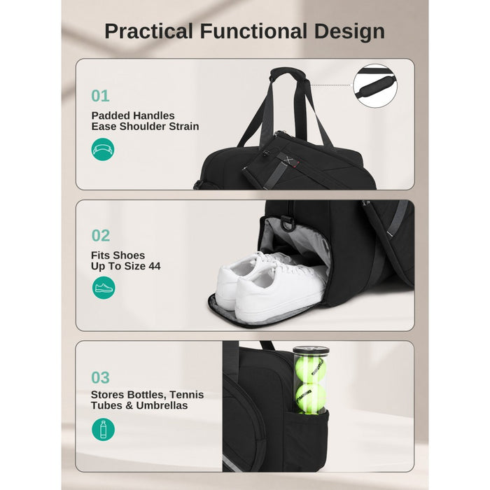 Modular Tennis Travel Bag Set, Water Repellent Nylon Gym Bag with Detachable Racket Sleeve – 25 L – Black