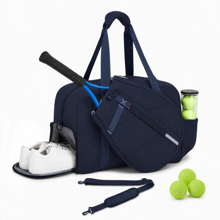 Modular Tennis Travel Bag Set, Water Repellent Nylon Gym Bag with Detachable Racket Sleeve – 25 L – Navy