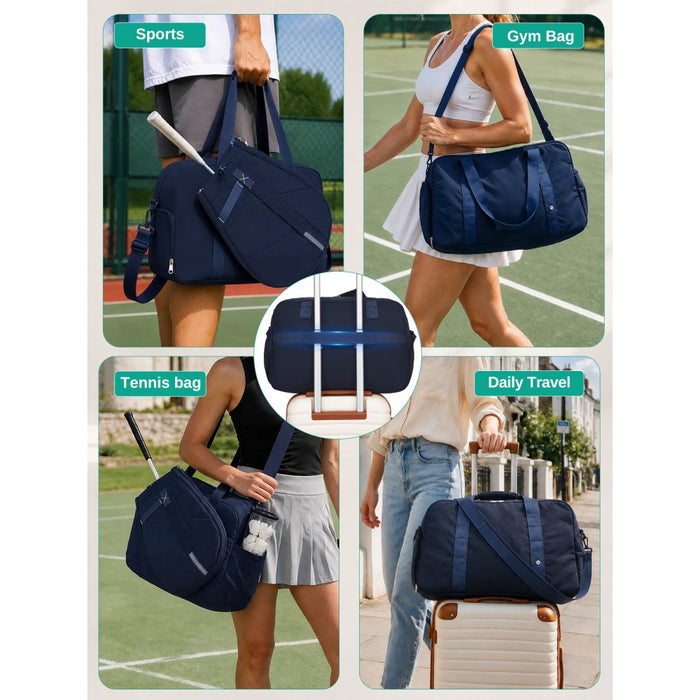 Modular Tennis Travel Bag Set, Water Repellent Nylon Gym Bag with Detachable Racket Sleeve – 25 L – Navy