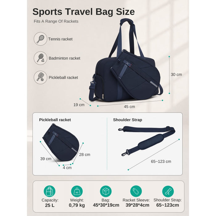 Modular Tennis Travel Bag Set, Water Repellent Nylon Gym Bag with Detachable Racket Sleeve – 25 L – Navy