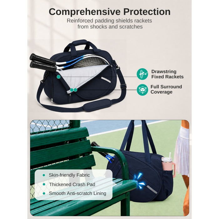Modular Tennis Travel Bag Set, Water Repellent Nylon Gym Bag with Detachable Racket Sleeve – 25 L – Navy