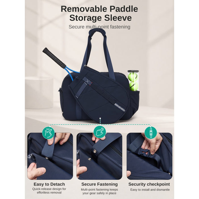 Modular Tennis Travel Bag Set, Water Repellent Nylon Gym Bag with Detachable Racket Sleeve – 25 L – Navy