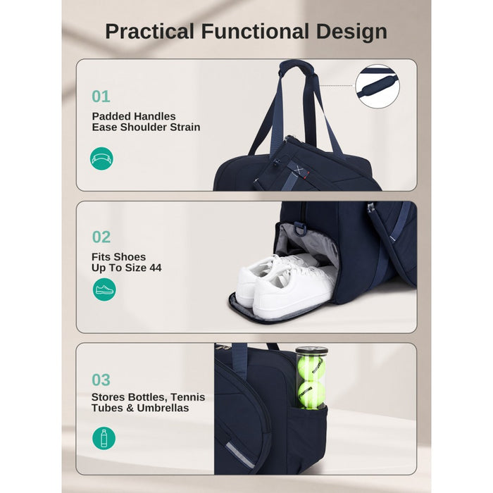 Modular Tennis Travel Bag Set, Water Repellent Nylon Gym Bag with Detachable Racket Sleeve – 25 L – Navy