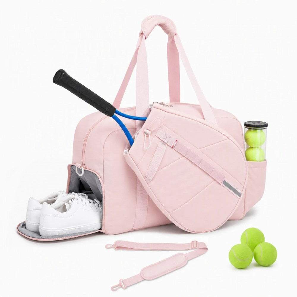 Modular Tennis Travel Bag Set, Water Repellent Nylon Gym Bag with Detachable Racket Sleeve – 25 L – Pink