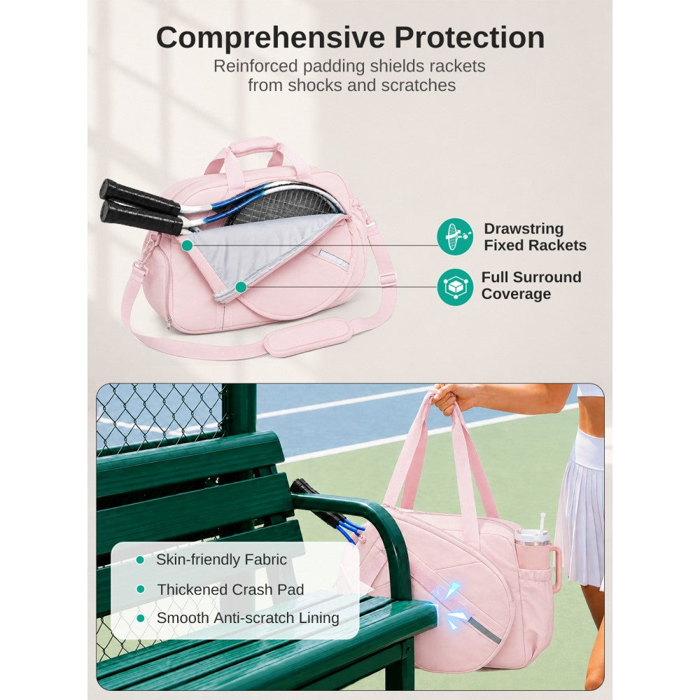 Modular Tennis Travel Bag Set, Water Repellent Nylon Gym Bag with Detachable Racket Sleeve – 25 L – Pink