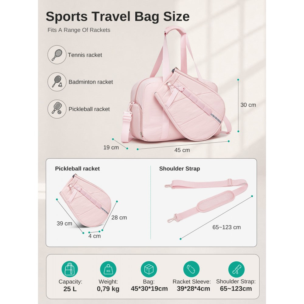 Modular Tennis Travel Bag Set, Water Repellent Nylon Gym Bag with Detachable Racket Sleeve – 25 L – Pink