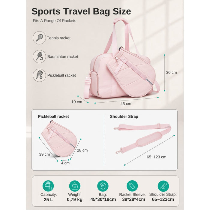 Modular Tennis Travel Bag Set, Water Repellent Nylon Gym Bag with Detachable Racket Sleeve – 25 L – Pink