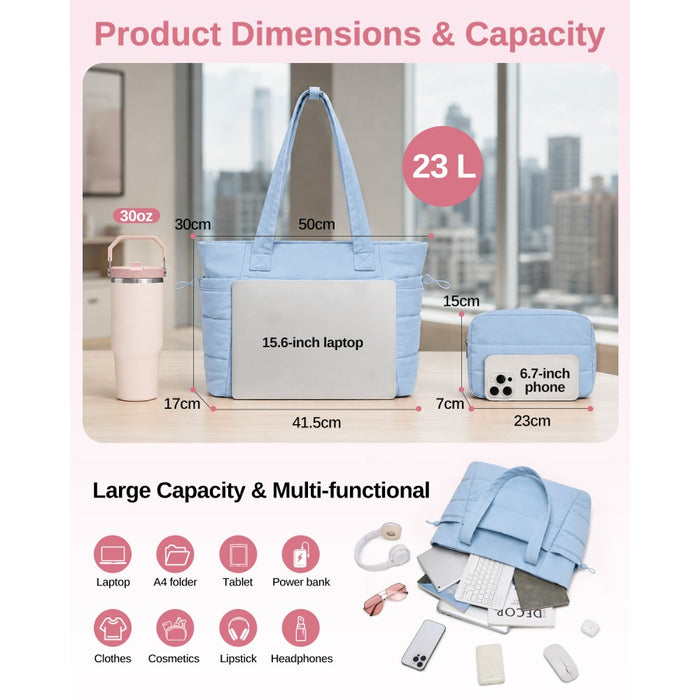 2-Piece Women's Tote Bag Set, Water Repellent Handbag with Laptop Compartment – Blue