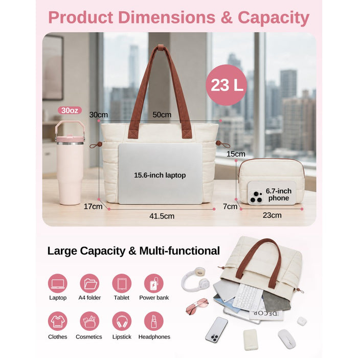 2-Piece Women's Tote Bag Set, Water Repellent Handbag with Laptop Compartment – Beige and Brown