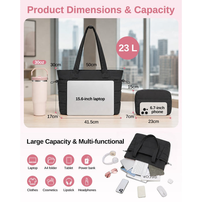 2-Piece Women's Tote Bag Set, Water Repellent Handbag with Laptop Compartment – Black