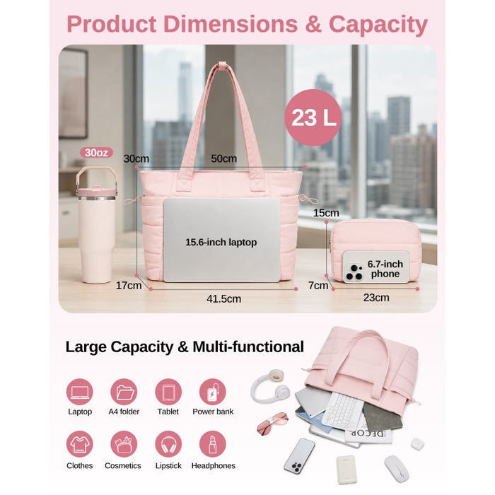 2-Piece Women's Tote Bag Set, Water Repellent Handbag with Laptop Compartment – Pink