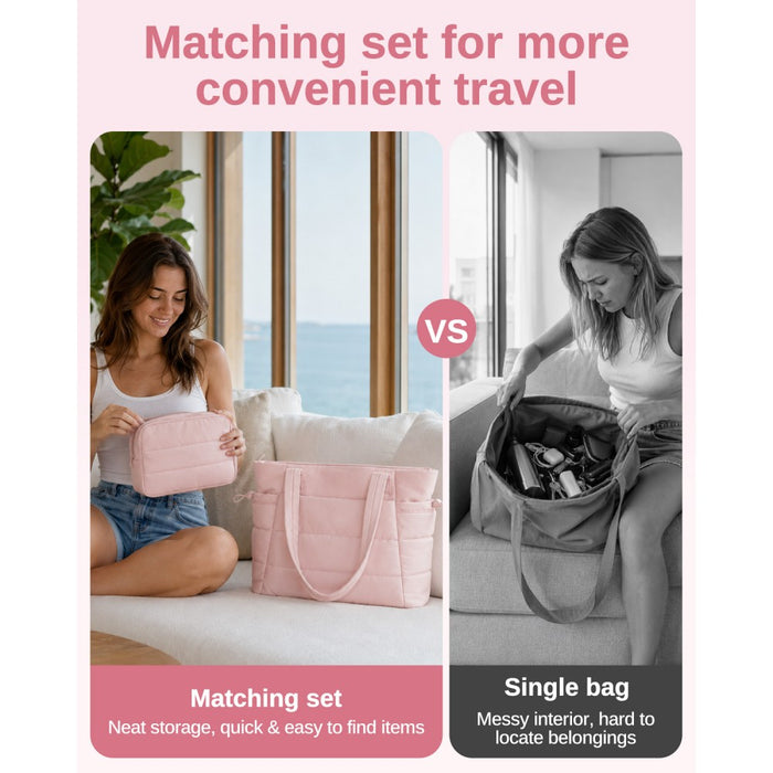 2-Piece Women's Tote Bag Set, Water Repellent Handbag with Laptop Compartment – Pink
