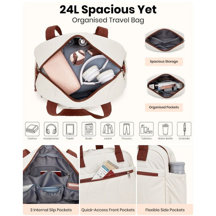 Lightweight Quilted Women's Travel Bag Set with Shoe Compartment for Gym Maternity Commute – 24 L – Beige and Brown