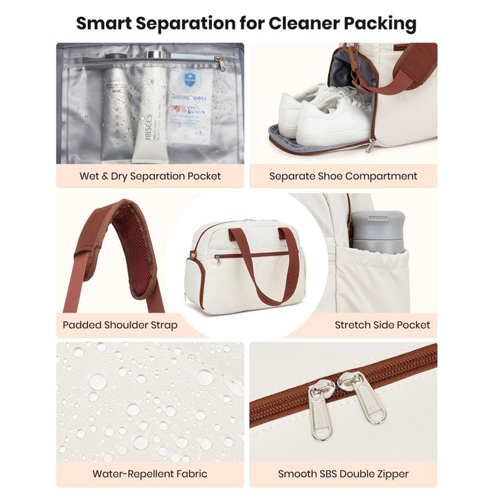 Lightweight Quilted Women's Travel Bag Set with Shoe Compartment for Gym Maternity Commute – 24 L – Beige and Brown