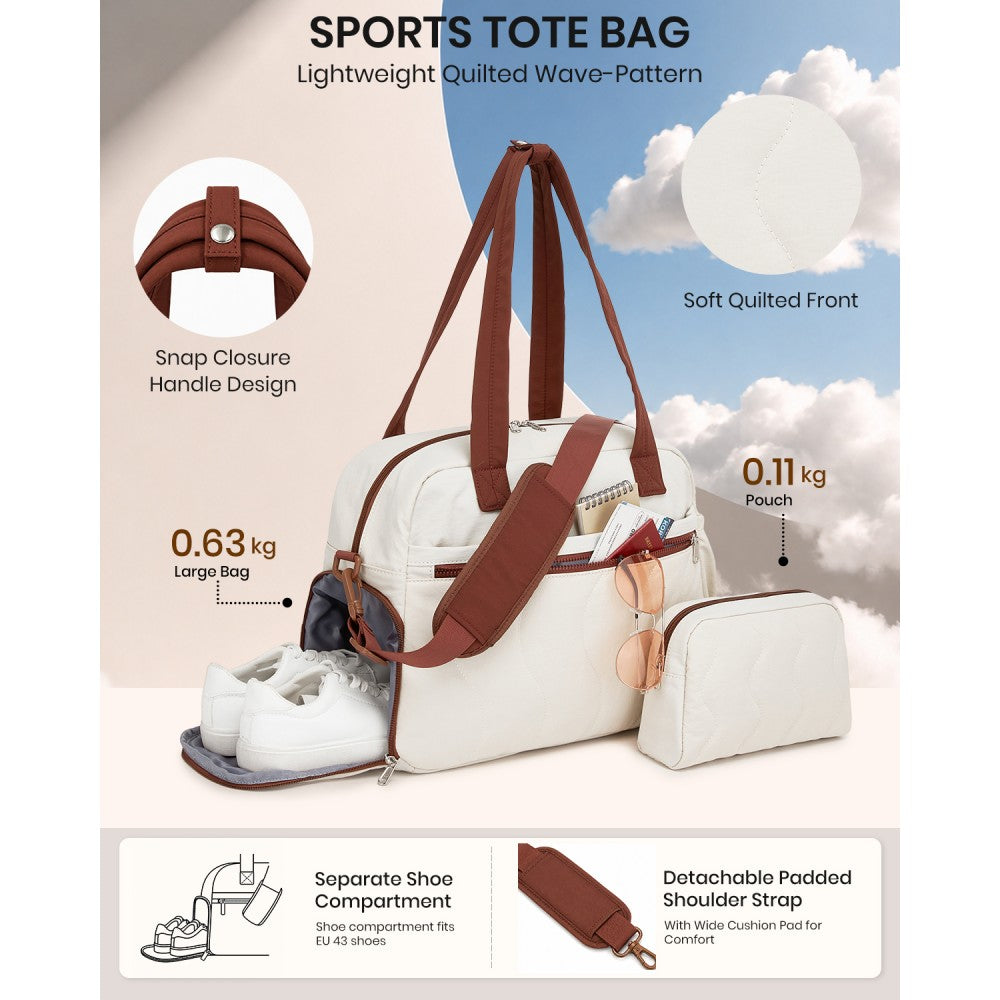 Lightweight Quilted Women's Travel Bag Set with Shoe Compartment for Gym Maternity Commute – 24 L – Beige and Brown