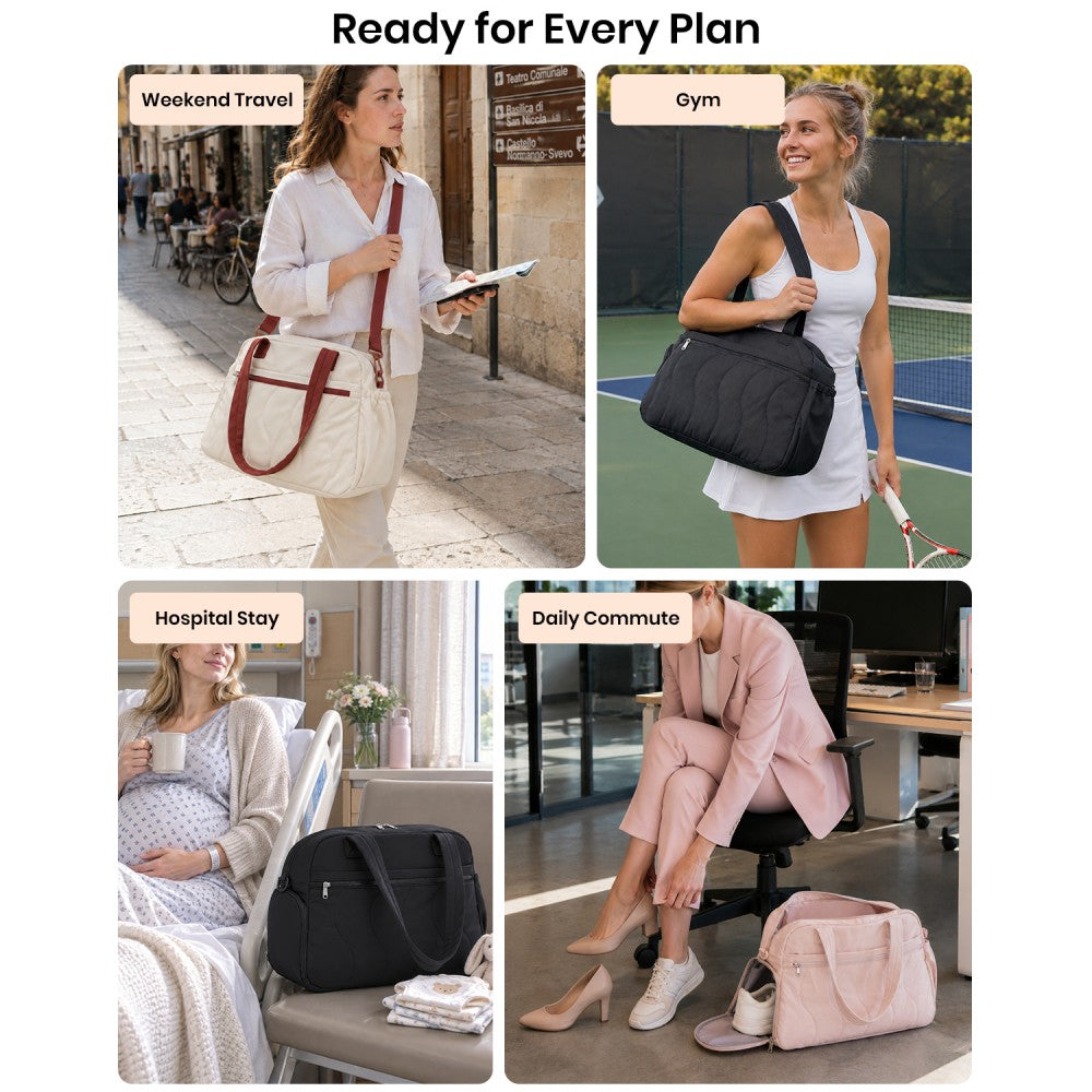 Lightweight Quilted Women's Travel Bag Set with Shoe Compartment for Gym Maternity Commute – 24 L – Beige and Brown