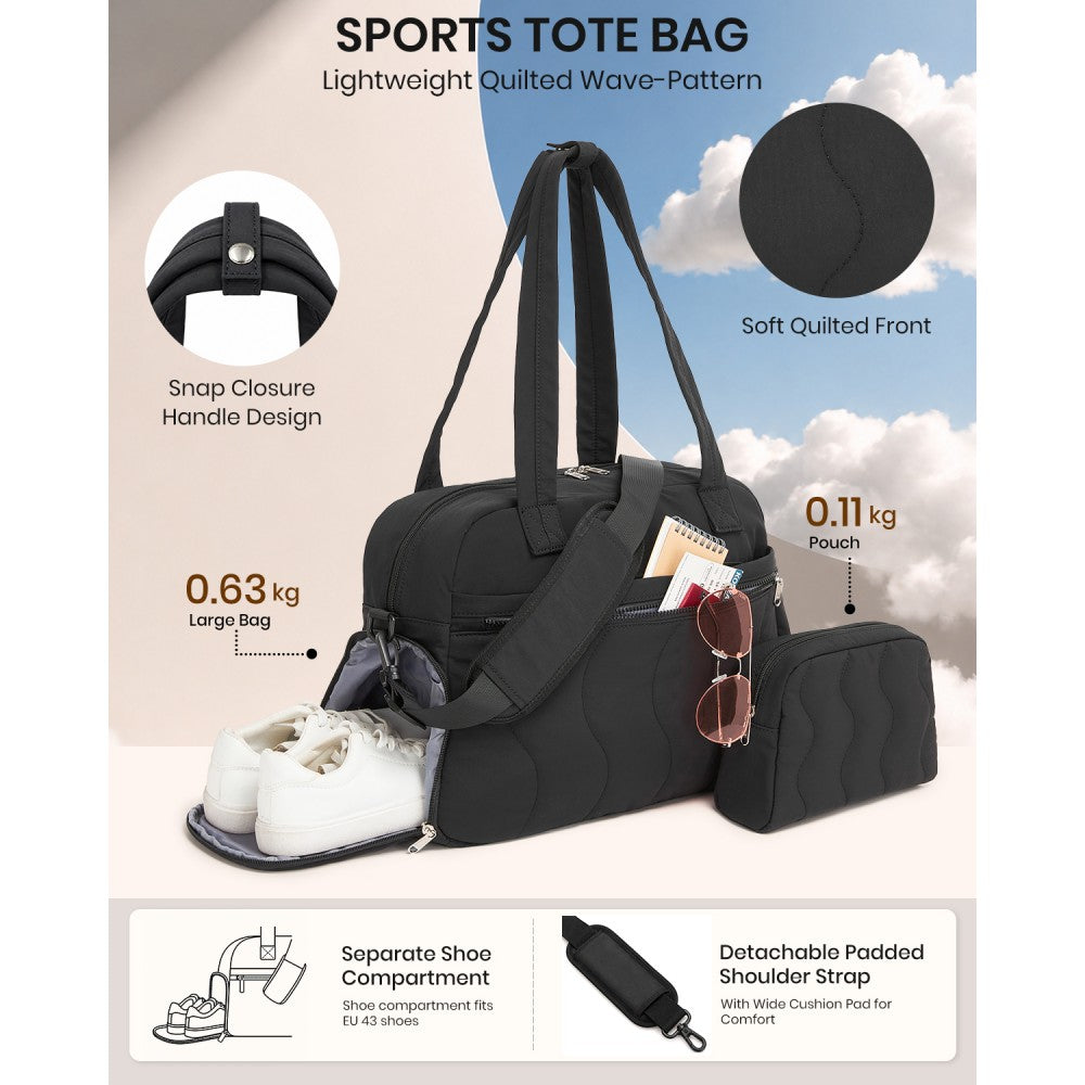 Lightweight Quilted Women's Travel Bag Set with Shoe Compartment for Gym Maternity Commute – 24 L – Black