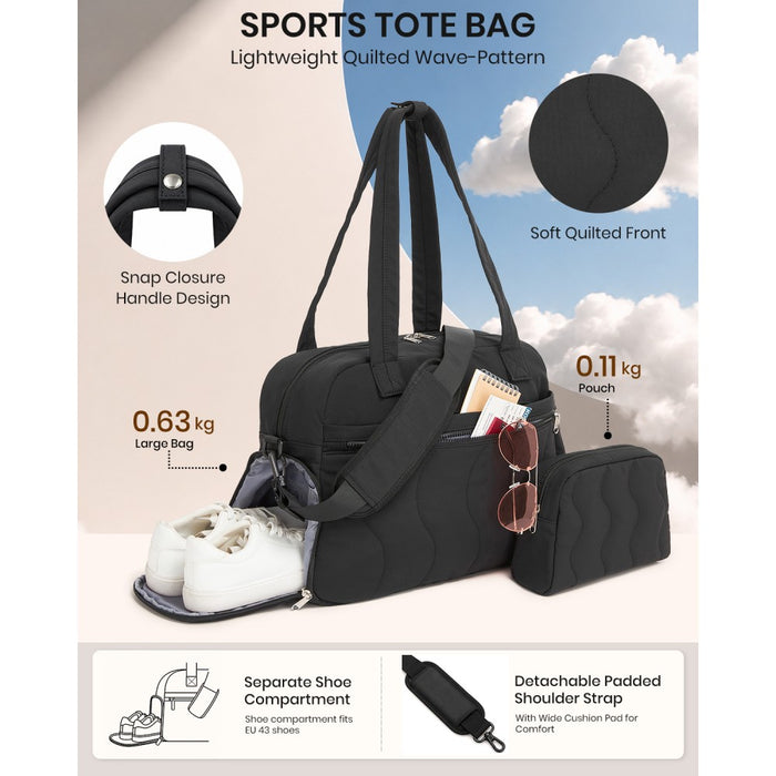 Lightweight Quilted Women's Travel Bag Set with Shoe Compartment for Gym Maternity Commute – 24 L – Black