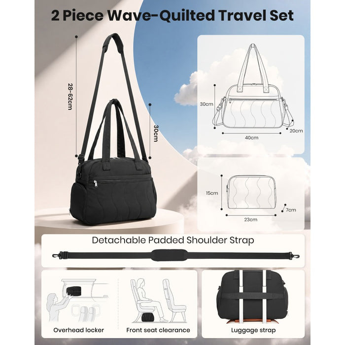 Lightweight Quilted Women's Travel Bag Set with Shoe Compartment for Gym Maternity Commute – 24 L – Black