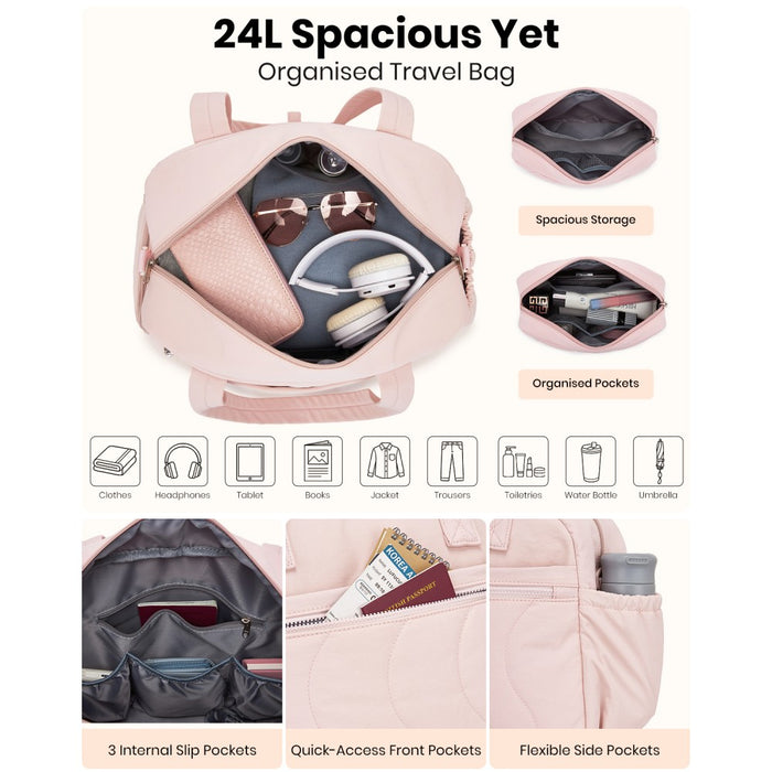 Lightweight Quilted Women's Travel Bag Set with Shoe Compartment for Gym Maternity Commute – 24 L – Pink