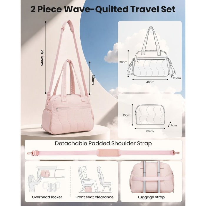 Lightweight Quilted Women's Travel Bag Set with Shoe Compartment for Gym Maternity Commute – 24 L – Pink