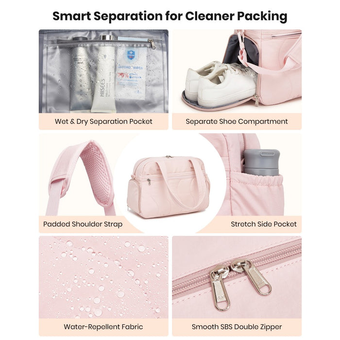 Lightweight Quilted Women's Travel Bag Set with Shoe Compartment for Gym Maternity Commute – 24 L – Pink