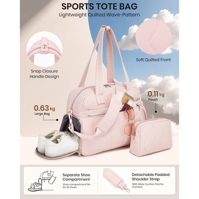 Lightweight Quilted Women's Travel Bag Set with Shoe Compartment for Gym Maternity Commute – 24 L – Pink