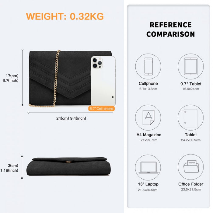 Luxurious Envelope-Style Evening Clutch with Detachable Metal Chain Strap – Black