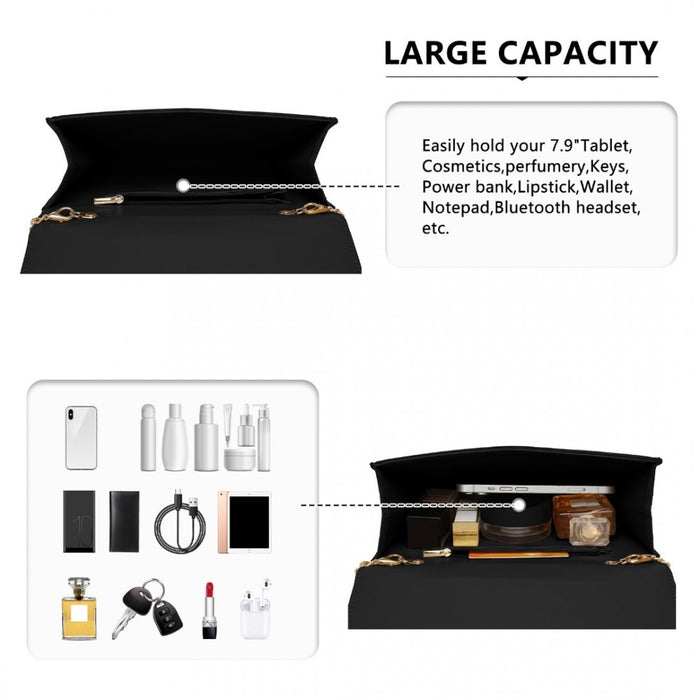 Luxurious Envelope-Style Evening Clutch with Detachable Metal Chain Strap – Black