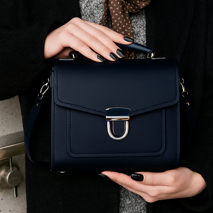 Handmade Leather Sugarcube Handbag - Navy