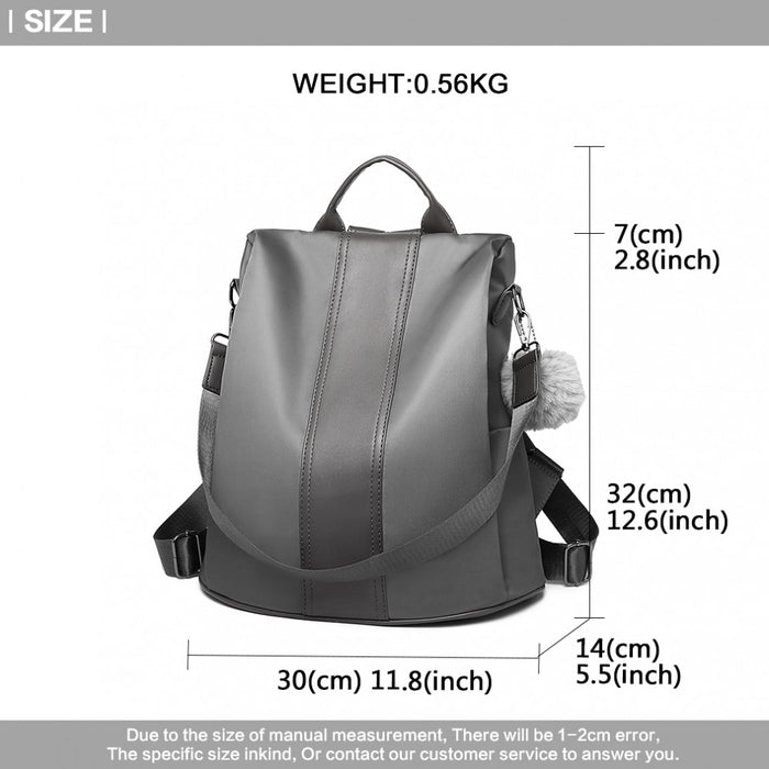 Two Way Backpack Shoulder Bag with Pom Pendant – Grey