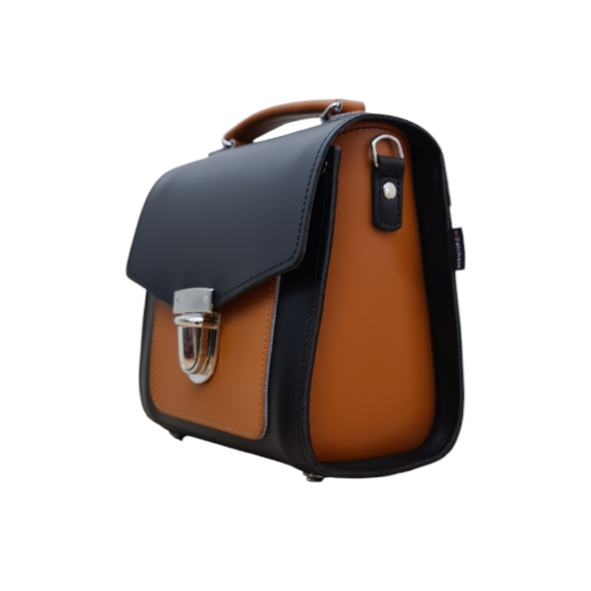 Handmade Leather Two Tone Sugarcube Handbag - Black & Burnt Orange