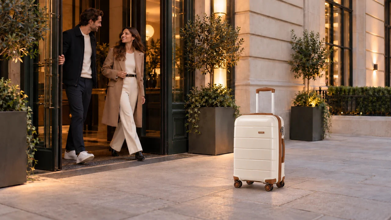 Cream Kono cabin suitcase with brown trim outside an urban doorway as two travellers depart