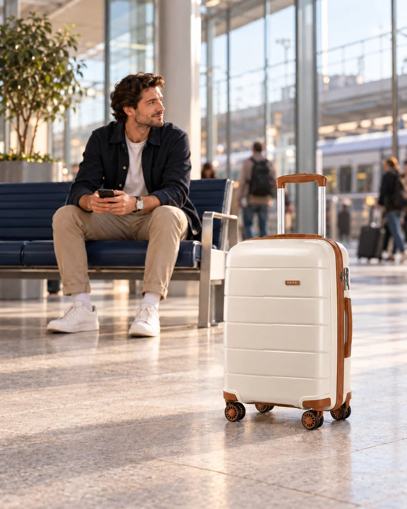 Cream Kono cabin suitcase with brown trim beside a traveller waiting at a modern station