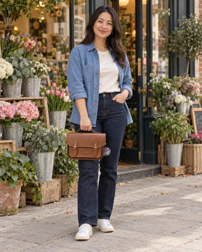 Woman holding a chestnut satchel outside a neighbourhood florist.