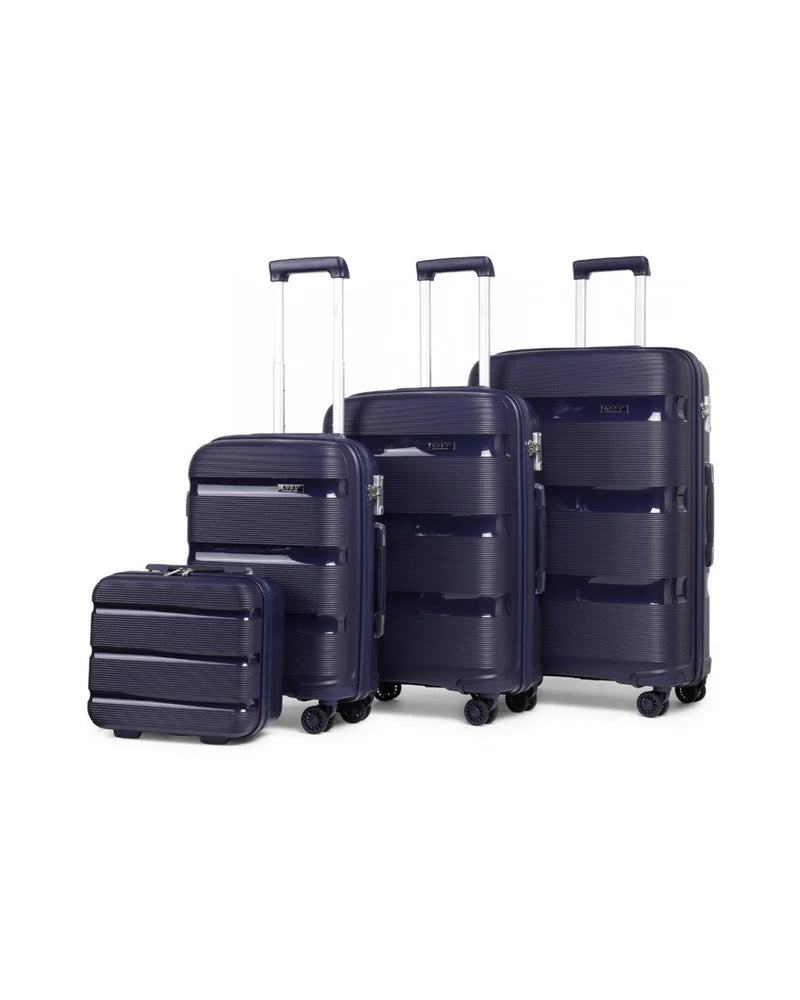 Three navy rolling suitcases and a matching vanity case on a white background.