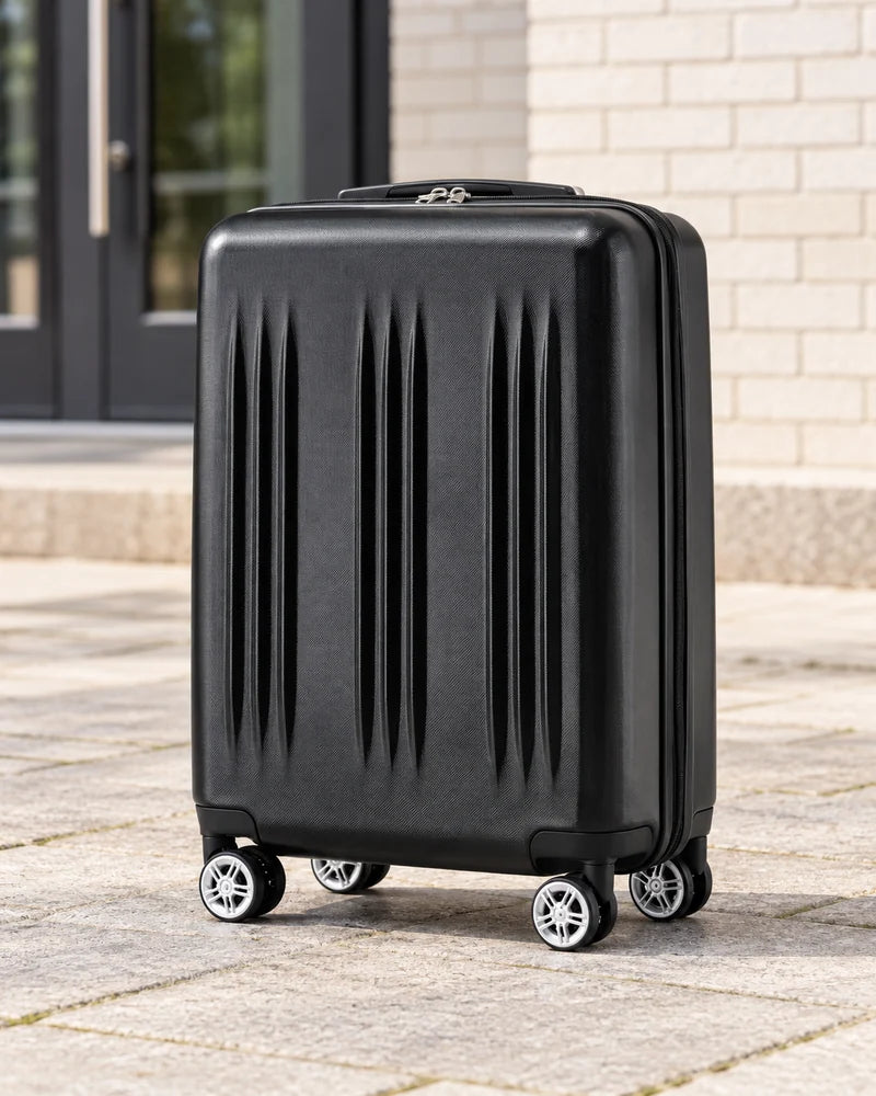 Black suitcase with vertical grooves outside a neighbourhood theatre.
