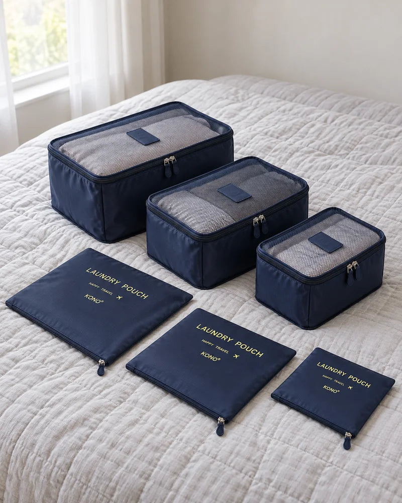 Six navy packing organisers arranged together on a bed.