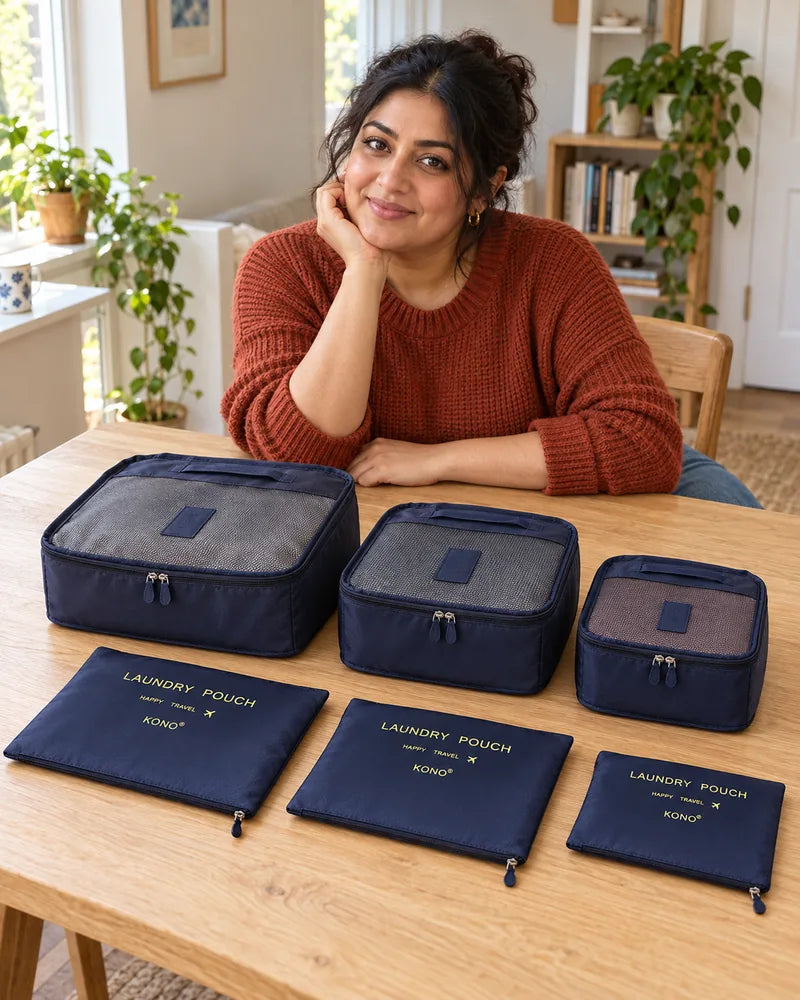Woman packing navy organisers at home.